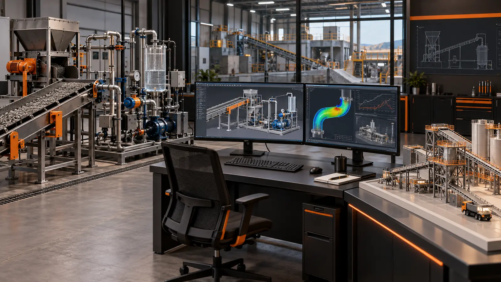 Estação de engenharia com visualização de um processo industrial