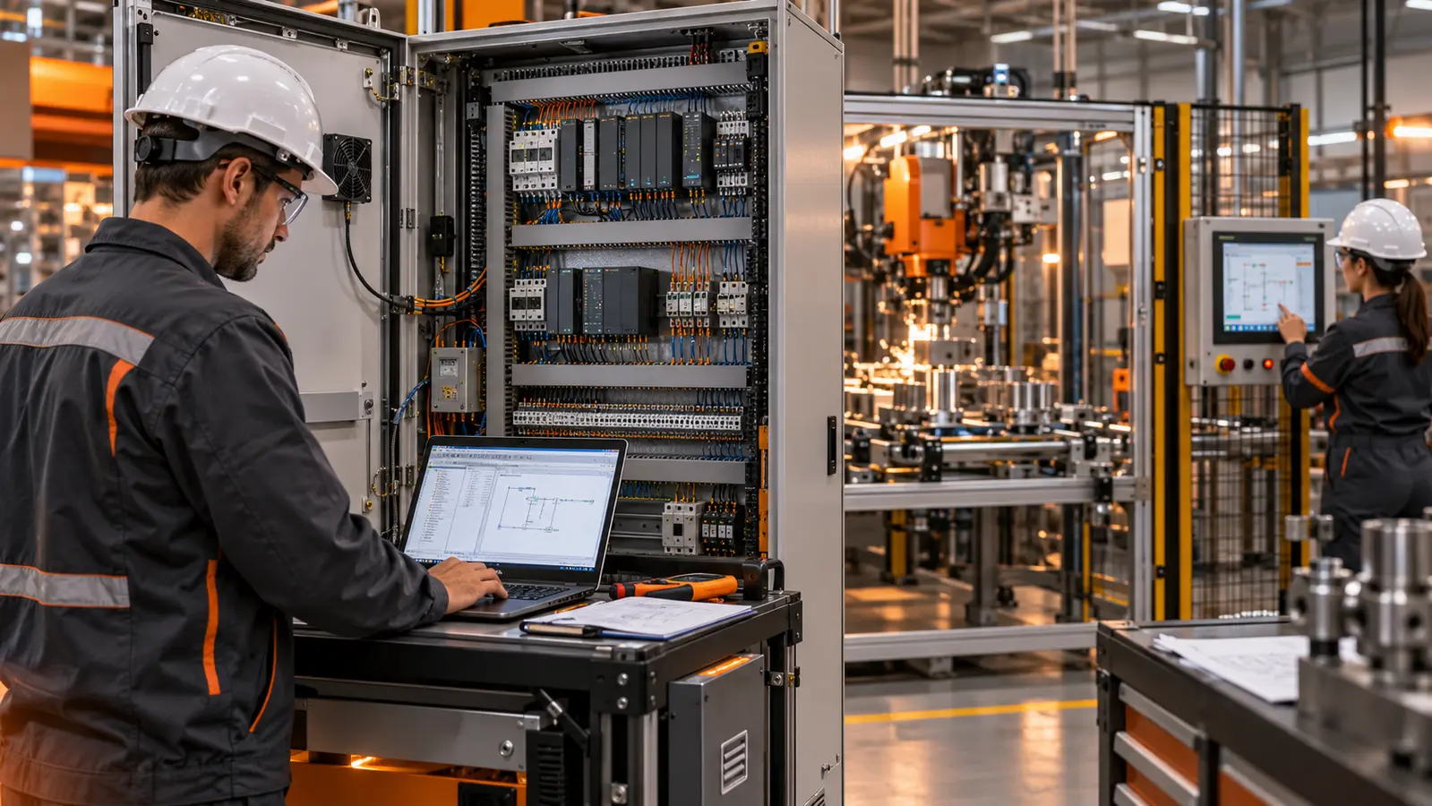 Profissional trabalhando em painel de automação